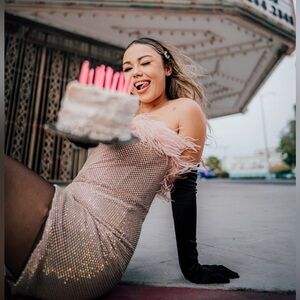 Pink bodycon net, glitter, feather lined dress, perfect for birthday photos